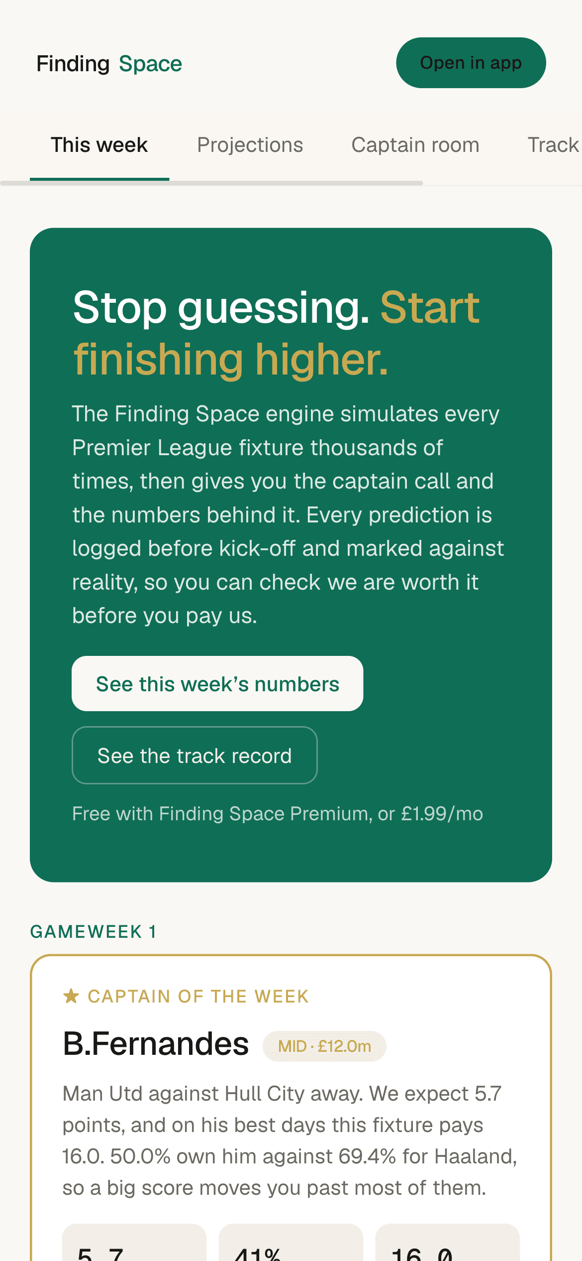 Fantasy Finding Space web page showing the FPL captain of the week and differential with expected points